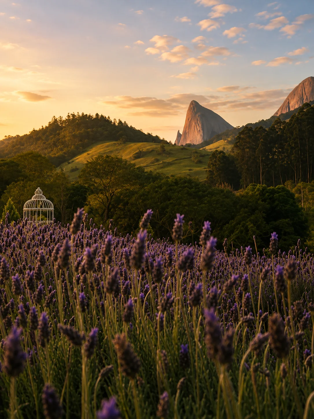 Campo de lavanda do Lavandário em Pedra Azul, com o monólito da Pedra Azul ao fundo ao pôr do sol