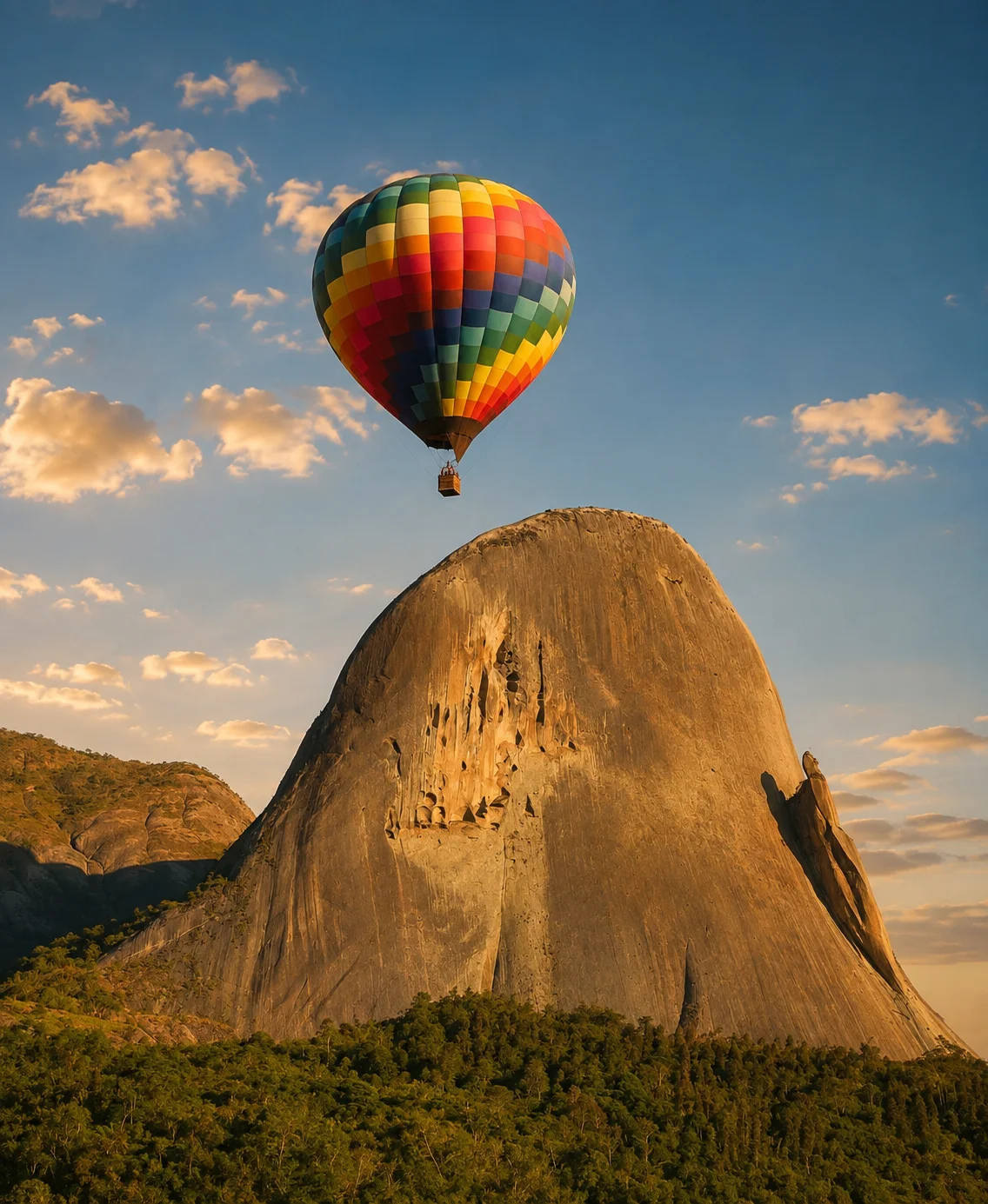 Voo de balão sobre o monólito da Pedra Azul ao pôr do sol, Domingos Martins ES