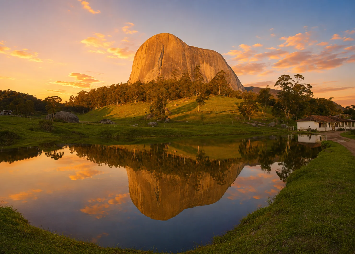 Vista da Pedra Azul refletida no lago do Ecoparque Pedra Azul Aventura ao pôr do sol