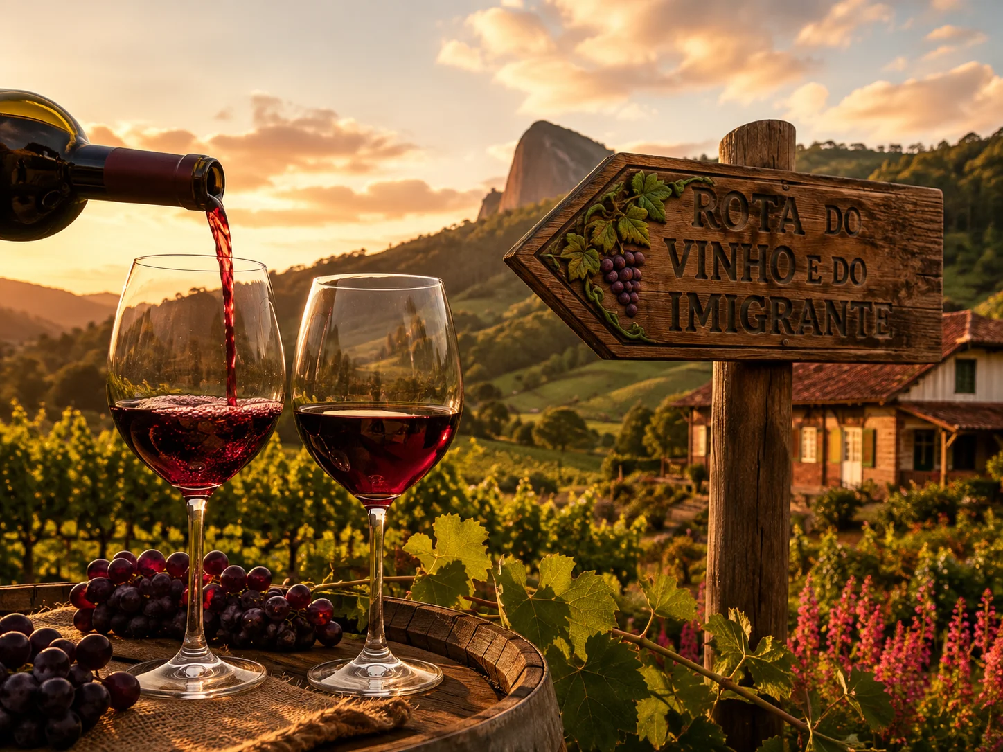 Rota do Vinho e do Imigrante, degustação de vinho de altitude com vinhedos e Pedra Azul ao fundo, serra capixaba