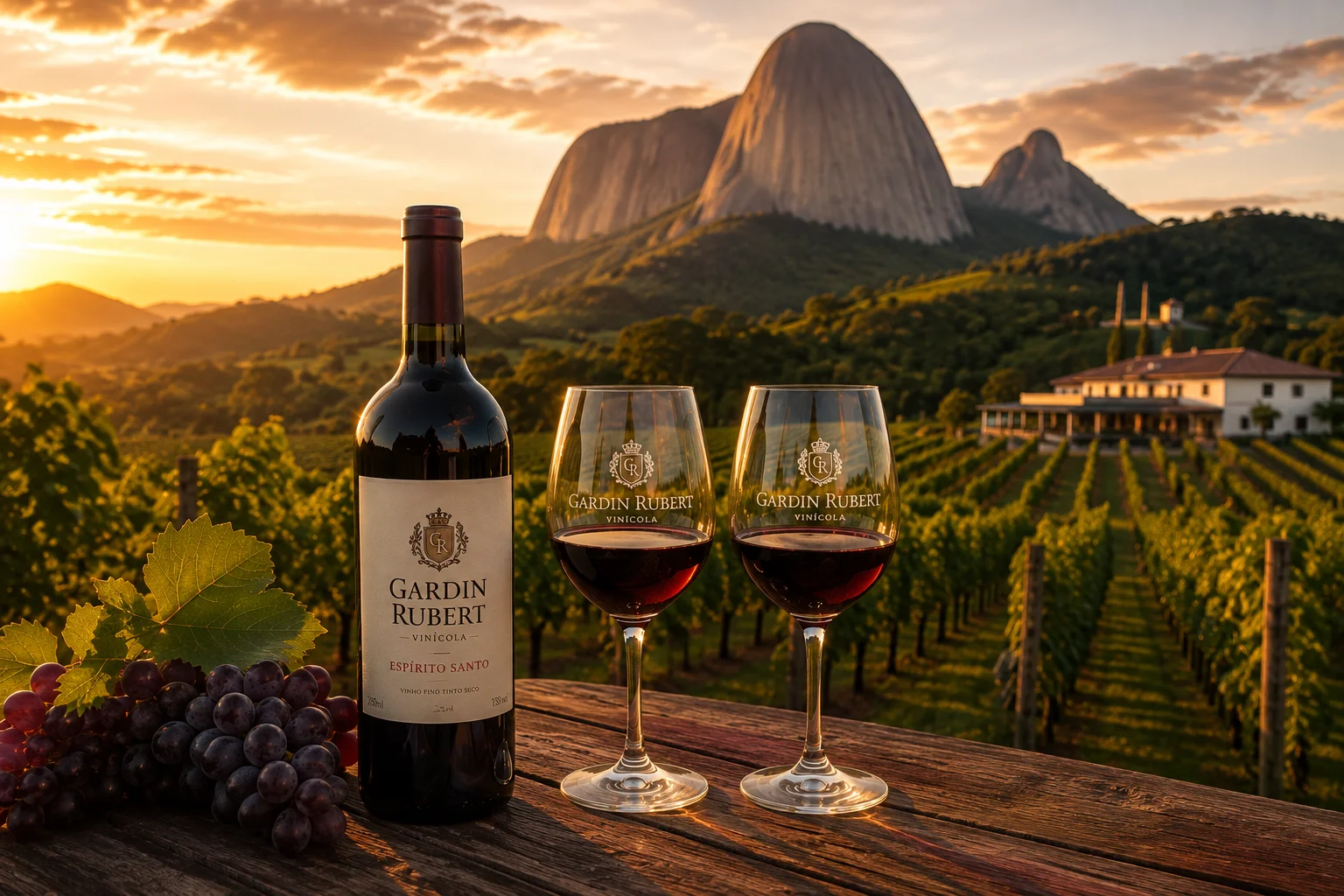 Vinícola Gardin Rubert, degustação de vinho da vinícola vizinha ao sítio, com vinhedos e Pedra Azul ao fundo, Victor Hugo, Marechal Floriano ES