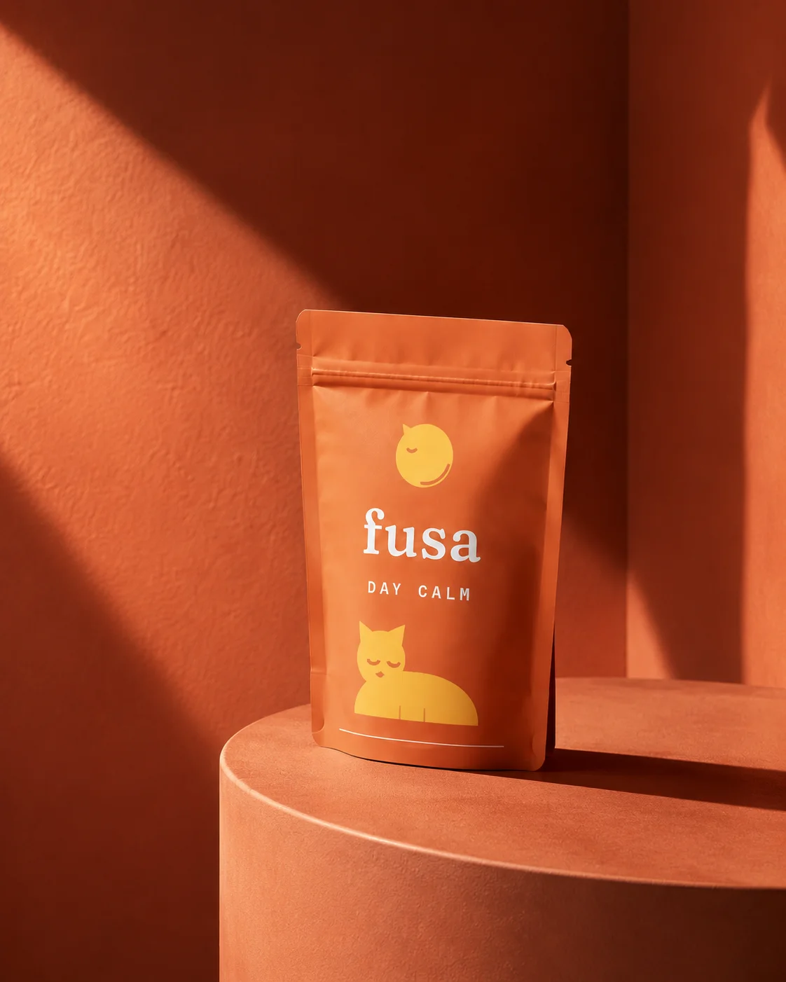 Fusa Day Calm — packaging su piedistallo terracotta con luce diagonale, mark gatto-sole in oro. Concept brand identity per integratore calmante per gatti, di GG Creative Studio (2026).
