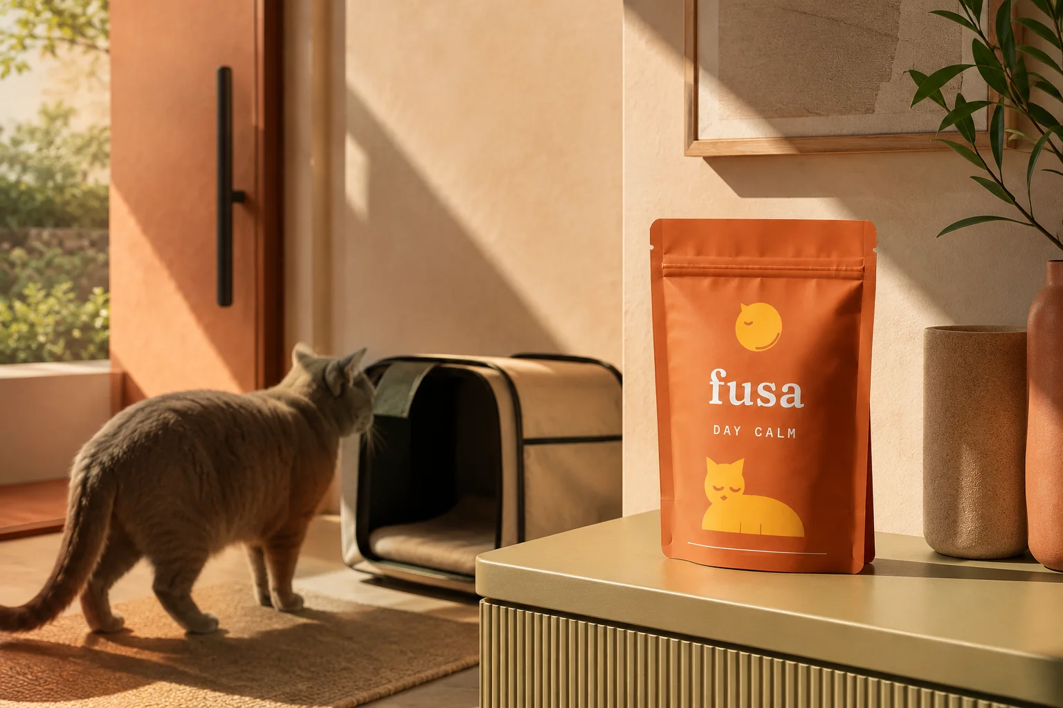 Fusa Day Calm — direzione fotografica giorno: pouch clay sul mobile verde-oliva, gatto che ispeziona il trasportino sull'ingresso, sole diagonale, pareti terracotta.