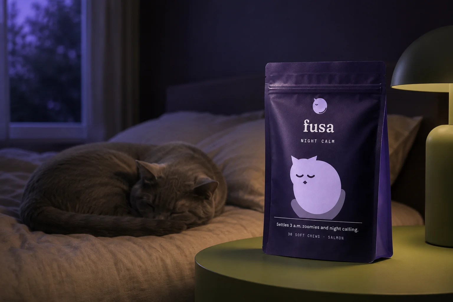 Fusa Night Calm — packaging plum su comodino verde oliva, gatto addormentato sul letto, finestra blu di notte, luce di una sola lampada calda.