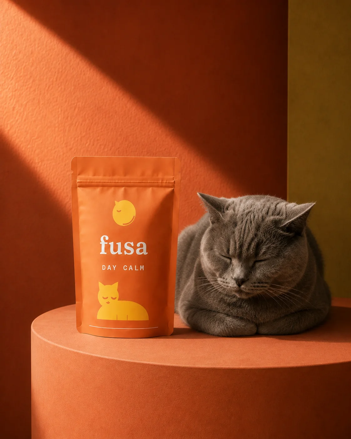 Fusa Day Calm — packaging clay terracotta con mark gatto-sole in oro, accanto a un gatto grigio British Shorthair addormentato. Progetto concept di brand identity e packaging design di GG Creative Studio (2026).