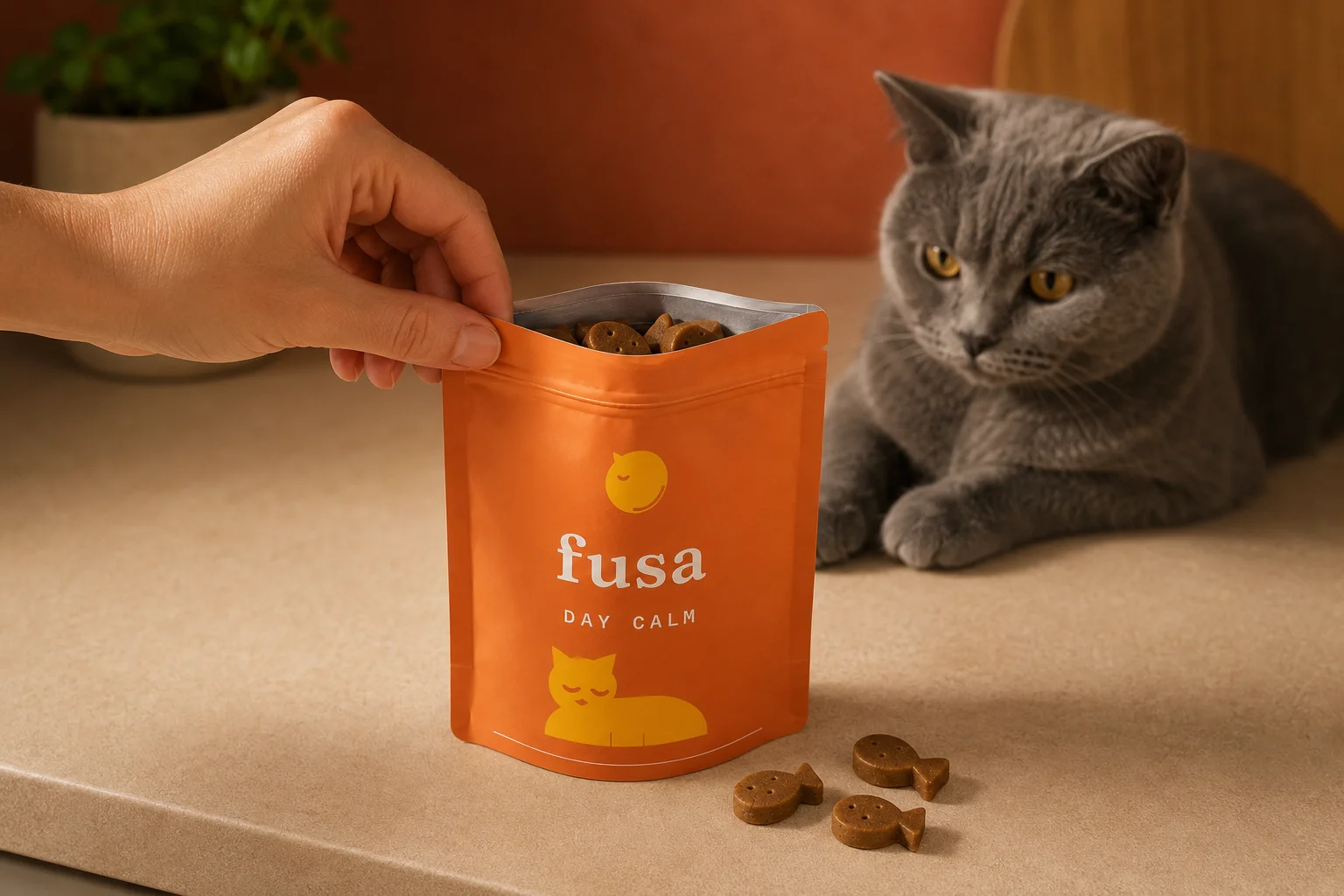 Fusa Day Calm — dettaglio prodotto: mano che apre il pouch, chews a forma di pesciolino cadenti sul bancone, gatto British Shorthair grigio in secondo piano.