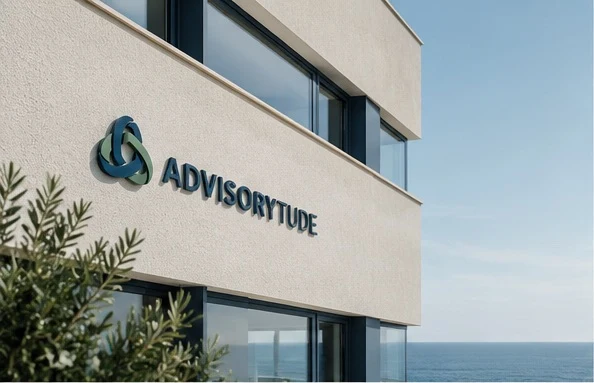 La sede di Advisorytude a Durazzo, con la scritta sulla facciata e il mare sullo sfondo