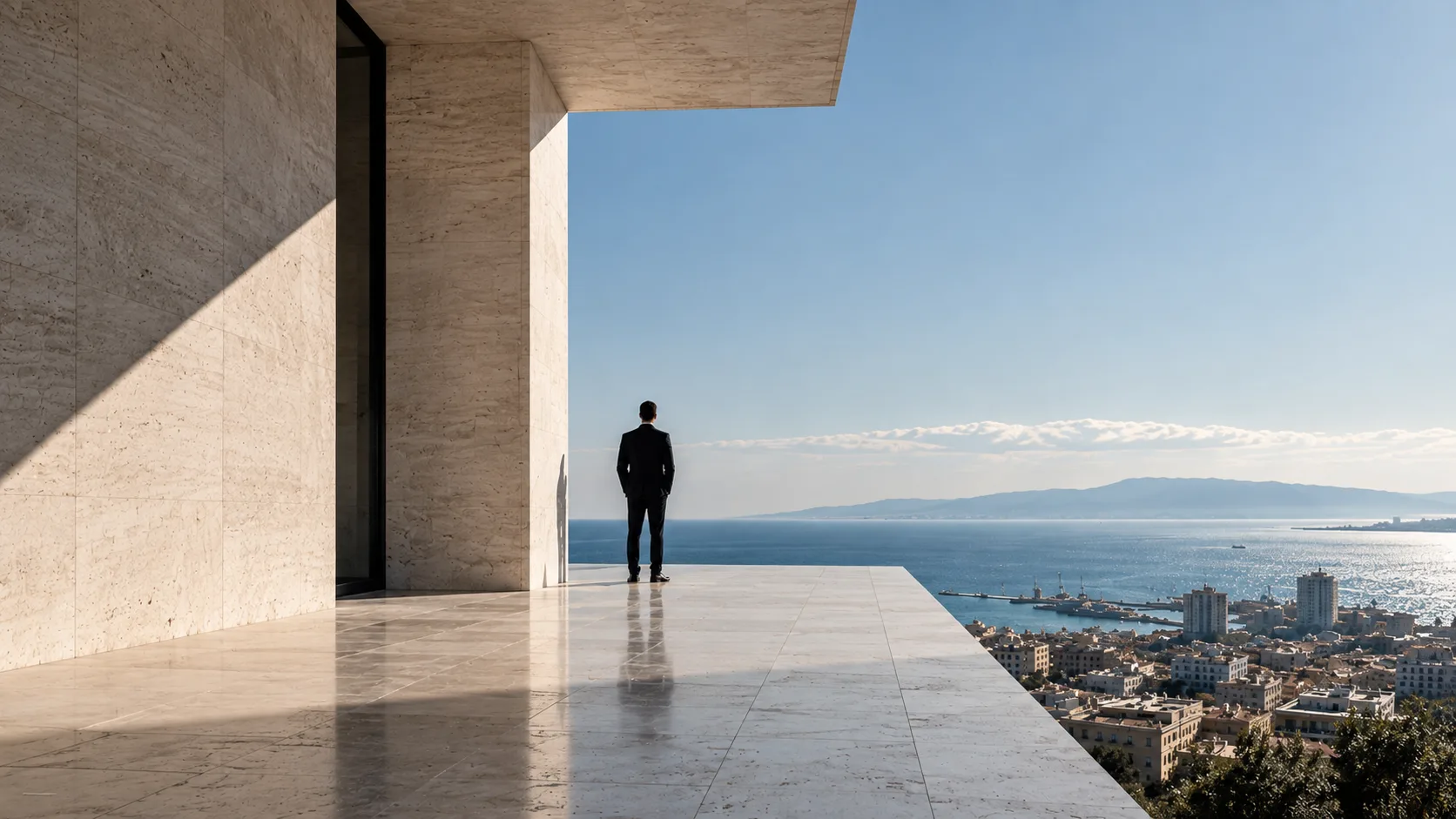 Un professionista su una terrazza guarda il mare e la città