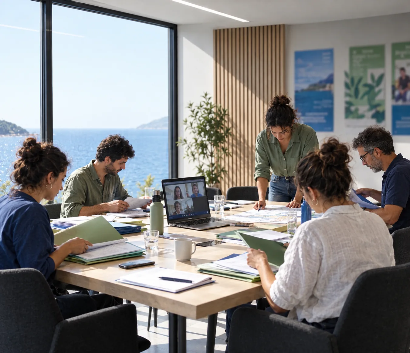 Ufficio di un'associazione italiana: coordinatrice e volontari pianificano le attività